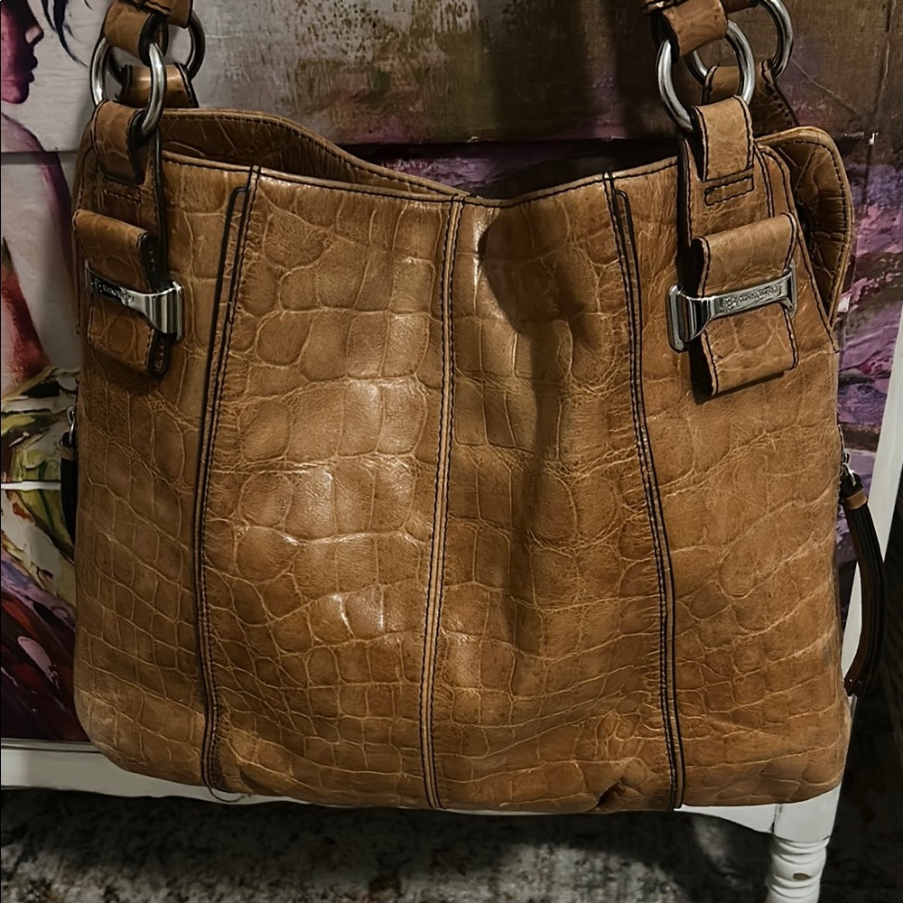 B. Makowsky Tan Shoulder Bag with Distressed Leather and Double Straps - Picture 2 of 14